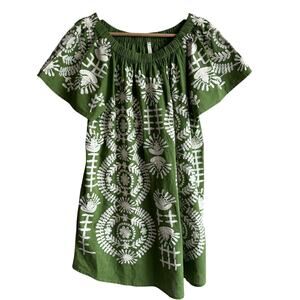 Uncle Frank Crewel Embroidered Off Shoulder Mini Dress Boho Green S